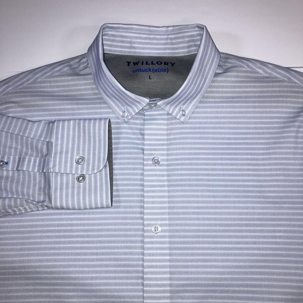 Twillory‎ Untuckable Shirt Mens L Blue Stripe Stretch Performance Button Down